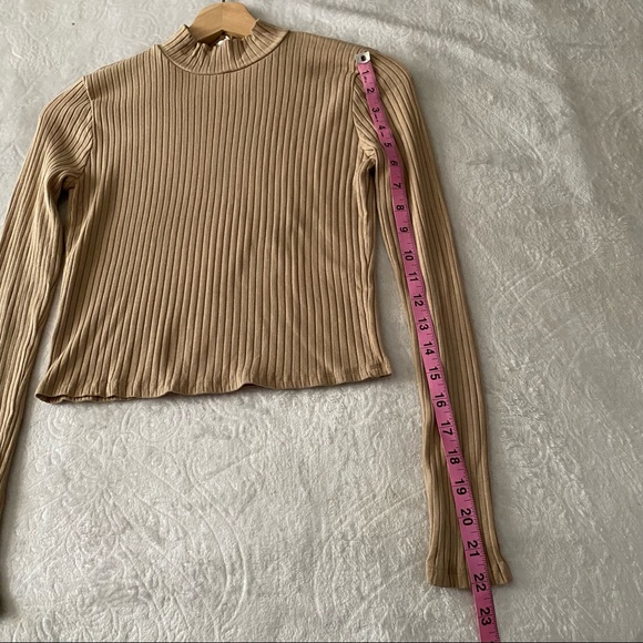 Tan Semi Cropped Funnel Neck Ribbed Top - Picture 3 of 9